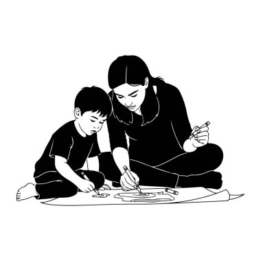 Siyah ve beyaz bir illüstrasyonda yerde oturan bir kadın ve genç bir çocuk büyük bir kağıt parçasına sarılmış olarak görülüyor. Her ikisinde de boya kalemi var ve sanat eserlerine odaklanmış görünüyorlar. Kadın eğiliyor, aktiviteye rehberlik ediyor.