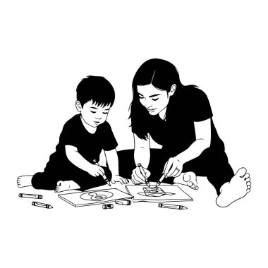 Bir siyah-beyaz çizim, yerde oturan bir anne ve küçük bir çocuğu resmediyor. Her ikisi de koyu renkli tişörtler giyiyor ve etrafları pastel boya kalemleri ve kağıtlarla çevrili. Çocuk çizimlerine odaklanmış, anne ise...