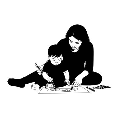 Siyah ve beyaz bir resimde yerde oturan bir anne ve küçük bir çocuk bir kağıt parçasına çizim yapmaktadır. Anne çocuğun arkasında oturuyor, koluyla onları sarıyor. Her ikisinde de boya kalemi var ve sanatlarına odaklanmış görünüyorlar.