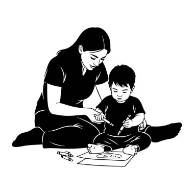 Bir siyah-beyaz çizim, yerde oturan bir anne ve küçük bir çocuğu çizim yaparken resmediyor. Anne, uzun siyah saçlı, çocuğa doğru eğiliyor, ellerine boya kalemi ile rehberlik ediyor. Koyu renk saçlı olan çocuk ise...