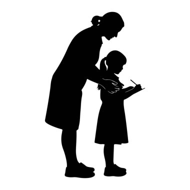 Elinde kalem ve çizim tutan genç kızına yardım etmek için eğilen siyah bir anne silueti. Annenin eli çocuğun koluna nazikçe yerleştiriliyor. Bu da etkinlik sırasında rehberlik ve destek olduğunu gösteriyor. Arkaplan düz beyaz.