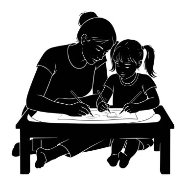 Siyah ve beyaz bir siluet bir anne ve küçük bir çocuğu masada otururken gösteriyor, her ikisi de kalem tutuyor ve kağıt üzerine çizim yapıyorlar. Çocuk çizimlerine odaklanırken, anne öne eğiliyor ve işine bakıyor. Sahne tasvir edilmiş
