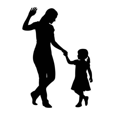 Siyah bir anne silueti ve el ele tutuşan küçük bir çocuk. Anne daha uzundur ve çocukla birlikte yürüyor ya da yol gösteriyor gibi görünmektedir. Çocuk bir elbise giyiyor. Her iki figür de beyaz bir arkaplanda.