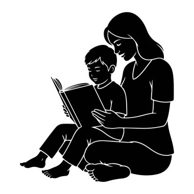 Siyah ve beyaz bir siluet, bir anne ve küçük bir çocuğun birlikte oturup kitap okumasını tasvir eder. Anne, açık kitabı tutan çocuğun üzerine eğiliyor ve sayfalarına dalmış gibi görünüyor. İkisi de yalınayak. Styl.