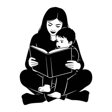 Siyah ve beyaz bir resimde bir anne ve küçük bir çocuk bacak bacak üstüne atmış ve birlikte kitap okuyorlar. Annenin uzun koyu renk saçları, açık kitaba bakarken yüzünü çerçeveler. Annesine yakın bir yerde oturan çocuk da ona bakıyor. 