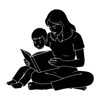 Siyah ve beyaz bir siluet çizimi, bir anne ve küçük bir çocuğu yerde bağdaş kurup kitap okurken resmediyor. Anne açık kitabı tutuyor, bakışları sayfalara doğru eğik, çocuk ise yakına eğiliyor, loo
