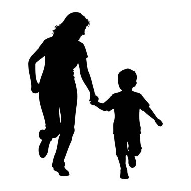 Siyah siluet bir kadın ve genç bir çocuk el ele tutuşarak koşuşturuyor. Kadın biraz daha uzun ve yol gösteriyor gibi görünüyor. Her iki tasvir de hareket halindedir. Bacakları sanki orta adımdaymış gibi açılır. Arkaplan düz beyaz