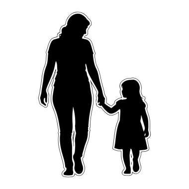 Yanyana yürüyen ve el ele tutuşan bir kadın ve küçük bir çocuğun siyah silueti. Kadın daha uzun ve çocuğa rehberlik ediyor gibi görünüyor. Her iki figür de beyaz bir arkaplan üzerinde beyaz bir ana hatla tasvir edilmiştir..