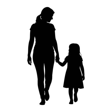 Siyah bir siluet, el ele tutuşarak yürüyen bir kadın ve küçük bir çocuğu tasvir eder. Saçlarını arkaya tarayan kadın tişört ve pantolon giyiyor. Çocuk, elbise giymiş, onun yanında yürüyor. Rakamları, beyaz bir arkaplan karşısında tamamen siyah., 