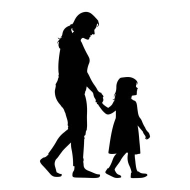 Bir kadın ve küçük bir çocuğun el ele tutuşarak yürüdüğü siyah bir siluet. Kadının at kuyruklu saçı var ve pantolon ve gömlek giyiyor. Çocuk bir elbise giyiyor. Düz beyaz bir arkaplanda tasvir ediliyorlar..