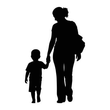 Siyah bir kadın ve küçük bir çocuğun el ele tutuşarak yürüdükleri bir siluet. Kadının saçı arkaya çekilmiş ve omzunda bir torba taşıyor. Çocuk onun yanında yürüyor. Arkaplan düz beyaz.