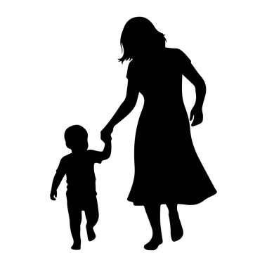 Siyah siluet bir anne ve küçük bir çocuk el ele tutuşarak yürüyorlar. Anne daha uzun boylu ve uzun bir elbise giyer, çocuk ise daha küçüktür ve bir tişört ve şort giyer. Her iki figür de profil ile resmedilmiş, sola dönük.