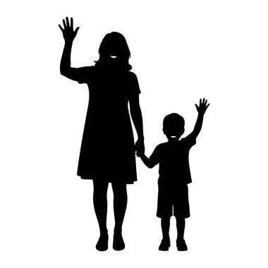 Bir kadın ve küçük bir çocuğun siyah silueti yan yana duruyor ve el ele tutuşuyorlar. Her iki figür de sağ elleriyle el sallıyor. Kadının omuz hizasında saçları var ve elbise giyiyor. Çocuk şort ve tişört giyiyor. Geri kafalı.