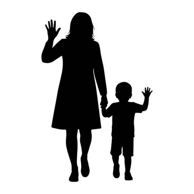 Siyah bir siluet, yan yana duran bir anne ve küçük bir çocuğu tasvir eder. Anne, çocuktan daha uzun boylu, bir elbise giyiyor ve orta uzunlukta saçlara sahip. Her iki figür de, sağ elleri el sallayarak öne bakıyor. Görünürler. 