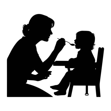 Siyah bir siluet, kucağında kaşıkla oturan bir bebeği diz çöküp besleyen bir anne tasvir ediyor. Arkaplan beyaz.