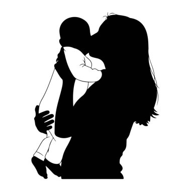 Elinde bebek tutan siyah bir anne silueti. Bebek beyaz bir tulum giyiyor ve annesinin kollarında beşikte. Annenin başı eğik, bebeği öpüyor ya da kokluyor gibi görünüyor. Arkaplan düz beyaz.