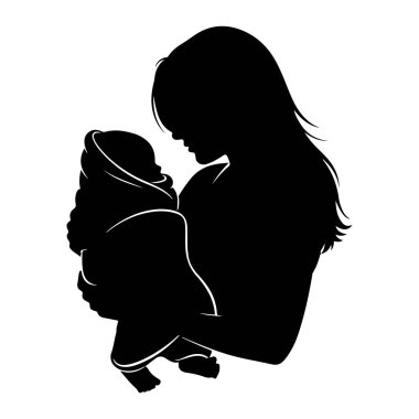 Beyaz arka planda kundaklanmış bir bebeği tutan siyah bir anne silueti. Annenin kafası eğik, bebeğe bakıyor, uzun saçları akıyordu. Bebek rahat bir şekilde sarılmış, küçük ayakları görünüyor. Görüntü bir sevgi hissi veriyor.