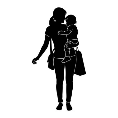 Göğsüne yakın bir bebeği tutan siyah bir anne silueti. Annenin at kuyruğu saçı var ve tişört ve pantolon giyiyor. Omzunda asılı bir çanta var. Bebek anneyle yüzleşiyor ve aynı şefkati paylaşıyor gibi görünüyorlar.