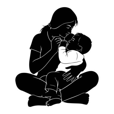 Siyah ve beyaz bir siluet, kucağında bir bebek tutan bacak bacak üstüne atmış bir anne tasvir ediyor. Anne parmaklarıyla bebeğin yüzüne nazikçe dokunur. Bebek, anneye bakıyor. Her iki figür de koyu siyah ve beyaz outli ile çizilmiş.