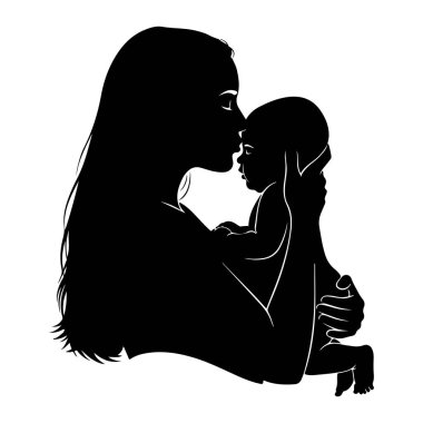 Elinde tuttuğu bebeğin alnından nazikçe öpen siyah bir anne silueti. Annenin uzun saçları sırtından aşağı akıyor ve kolları bebeği kucaklıyor. Bebek, küçük ayakları görünür bir şekilde yakın bir yerde tutulur. Görüntü tamamen siyah ve beyaz.