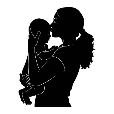Bir annenin bebeğini kucağına alıp öptüğü siyah bir siluet. Annenin saçı at kuyruğu şeklinde geri çekiliyor ve bebeğin alnından öpmek için eğiliyor. Bebek onun kollarında beşikte. Görüntü, bir w 'ye karşı basit, grafik bir illüstrasyondur
