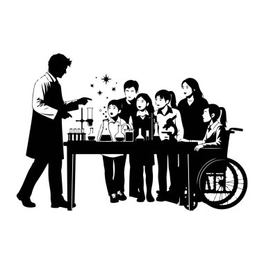 Siyah ve beyaz bir siluet laboratuvar önlüklü bir bilim adamını masayı işaret ederken gösteriyor. Şişeler, deney tüpleri ve deney tüpleri gibi bilimsel ekipmanlarla dolu. Aralarında tekerlekli sandalyedeki çocuğun da bulunduğu bir grup çocuk masanın etrafında toplandı., 