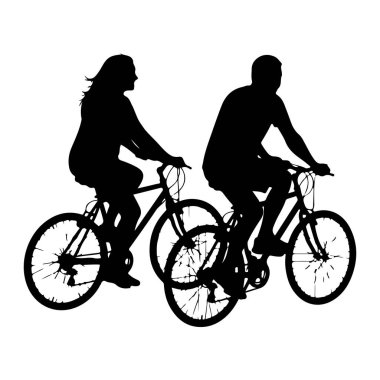 Bisikletli bir çiftin siyah silueti beyaz arka planda resmedilir. Rakamlar profilden gösteriliyor, soldaki kadın ve sağdaki adam. Her ikisi de kendi tekerlekleri ve çerçeveleriyle aktif olarak pedal çeviriyor. 