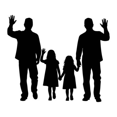 Siyah bir siluet, iki genç kızın her iki yanında duran iki yetişkin erkeği tasvir ediyor. Erkekler birbirlerinden daha uzakta, kızlar da ortada. İki adamın da bir kolu havada ve el sallayarak hareket ediyorlar. İki kız beklemede.