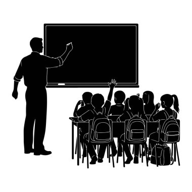 A black silhouette depicts a teacher standing at a blackboard, holding chalk and appearing to write. In front of the blackboard, several students are seated at desks, facing away from the viewer. Some students have their hands raised, indicating part