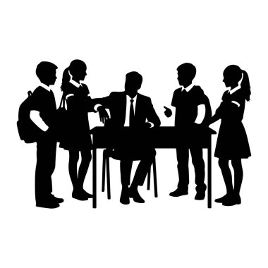 A black silhouette depicts a teacher in a suit and tie sitting at a desk, gesturing towards a group of four students. Two students stand on the left, one with a backpack, and two on the right. The students appear to be in school uniforms, with one gi