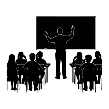 A black and white silhouette depicts a classroom scene. A teacher stands facing a blackboard, holding chalk in each hand as if writing or drawing. In front of the teacher, several students are seated at desks, facing the blackboard. The scene is rend