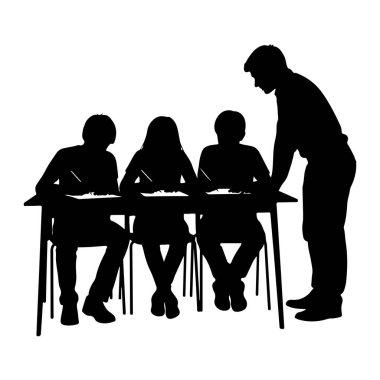 A black silhouette depicts a teacher standing and observing three students seated at desks. The students are engaged in writing on papers, with the teacher leaning forward slightly, suggesting instruction or supervision. The scene is set against a pl