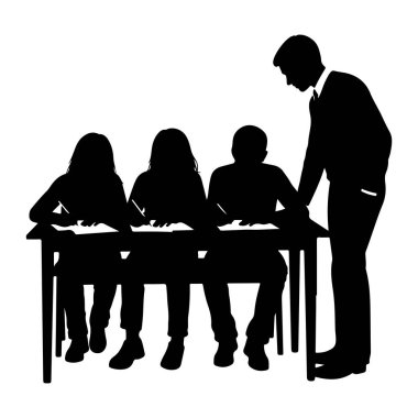 A black silhouette depicts a teacher standing behind three students seated at a long desk. The students are all facing forward, appearing to write on papers in front of them with pens or pencils. The teacher is leaning forward, looking down at the st