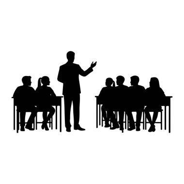 A black silhouette of a teacher standing and gesturing with one hand, facing a group of students seated at desks. The students are also depicted as black silhouettes. The scene is set against a plain white background, suggesting an indoor educational