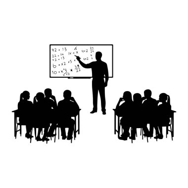 A black silhouette depicts a teacher standing at a whiteboard filled with mathematical equations, pointing to one with a stick. In front of the whiteboard, two rows of students are seated at desks, also in silhouette, facing the teacher. The scene is