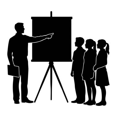 A black silhouette depicts a teacher standing to the left, holding a tablet and pointing at a whiteboard on a tripod. Three children stand in a line to the right, facing the whiteboard and the teacher. The scene is rendered in a simple, flat, black a