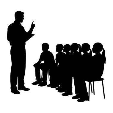 A black silhouette depicts a teacher standing and gesturing with one finger while holding a paper. In front of the teacher, a group of children are seated on chairs, facing the teacher. The scene is rendered in a stark black and white silhouette styl