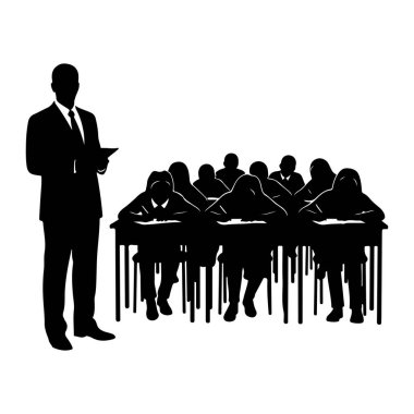 A black silhouette of a teacher in a suit and tie stands to the left, holding a tablet or papers. In front of him, several students are seated at desks, their heads bowed as if listening or studying. The scene is depicted in stark black and white aga