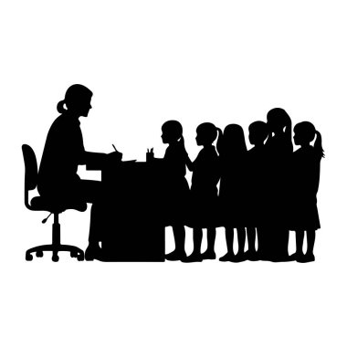 A black silhouette depicts a teacher sitting at a desk, writing with a pen. In front of the desk, a line of young students stands, facing the teacher. The scene is rendered in a simple, graphic style against a white background.