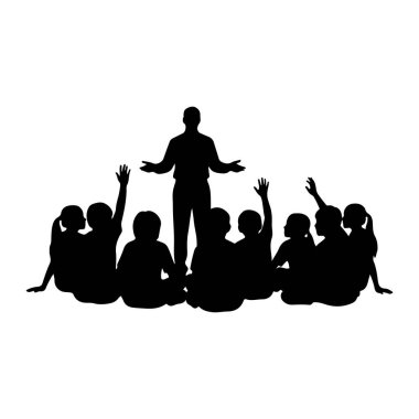 A black silhouette depicts a teacher standing with open arms, addressing a group of seated students. Several students in the foreground have their hands raised, indicating engagement and participation in a lesson or discussion. The scene is set again