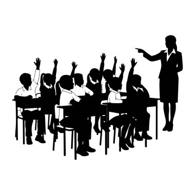 A black silhouette depicts a classroom scene with a teacher standing and pointing forward, while several students are seated at desks with their hands raised. The students appear engaged and eager to participate in the lesson. The illustration is in 