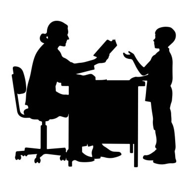 A black silhouette depicts a teacher sitting at a desk, holding an open book and looking towards a student standing opposite. The student is looking at the teacher with an outstretched hand, seemingly engaged in the lesson. A chair with wheels is pos