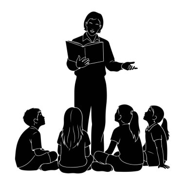 A black silhouette of a smiling teacher stands holding an open book, gesturing with one hand as if reading aloud. Around the teacher, five children are seated on the floor, looking up at the teacher with attentive expressions. The scene is depicted i