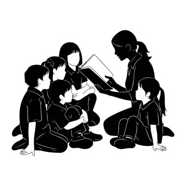 A black and white silhouette illustration depicts a teacher sitting and reading a book to a group of young children. The children are seated on the floor, facing the teacher, and appear to be attentively listening to the story. The style is simple an