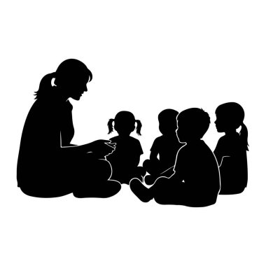 A black silhouette depicts a teacher sitting on the floor, facing a group of young children. The teacher is holding something in their hands, possibly a book, and appears to be reading or telling a story. The children are also seated on the floor, at