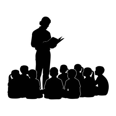 A black silhouette depicts a teacher standing and holding an open book, facing a group of children seated on the floor. The children are also depicted in silhouette, facing the teacher and appearing to listen attentively. The background is plain whit