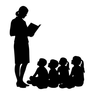 A black silhouette depicts a teacher standing and reading from a book to a group of four children seated on the floor. The children are looking up at the teacher, appearing attentive. The background is plain white.