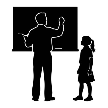 A black silhouette of a teacher stands at a blackboard, holding a piece of chalk and writing. A young student stands to the right, looking up at the blackboard. The scene is depicted in a simple, graphic style with a black and white color scheme.