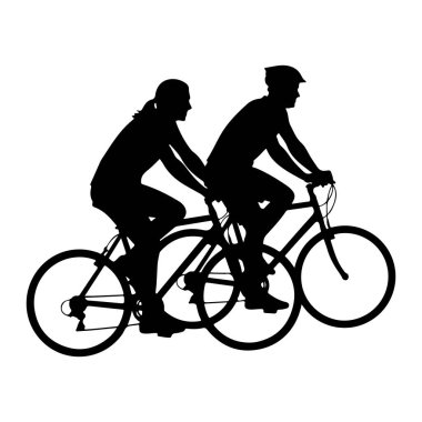 A black silhouette of two people riding bicycles side by side. The person on the left has long hair and is wearing a t-shirt. The person on the right is wearing a helmet and a t-shirt. Both are pedaling their bicycles. The image is a clean silhouette