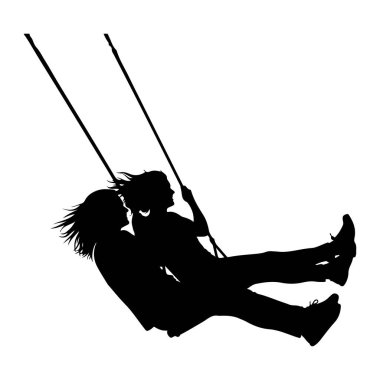 A black silhouette depicts two figures on a swing against a white background. The figures are positioned one behind the other, with the front figure appearing to be slightly lower. Both figures are in motion, with their legs extended and hair blowing